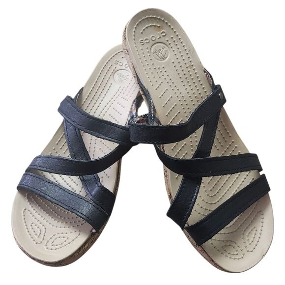 CROCS Shoes - Crocs Black and Tan A-leigh Leather Wedge Sandals. Sz. 9